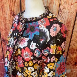 Boho Floral Quilted Coat Sherpa Lined women's size Large pockets button-front